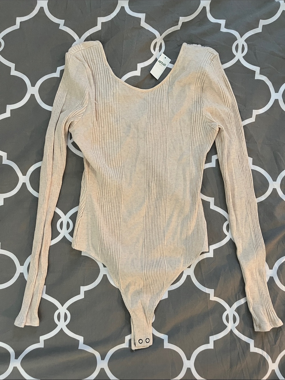 aerie Ribbed Long-Sleeve Scoop-Neck Bodysuit — Cream Heather